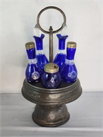 Antique Victorian cobalt blue 5-bottle cruet set