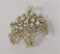 Aurora Borealis Rhinestone Gold-Tone Basket Brooch