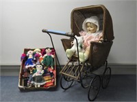 WICKER DOLL CARRIAGE, ETHNIC DOLLS, ETC.: