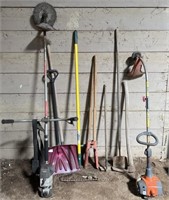 2 gas weed trimmer, shovels, hoes, pick, & more
