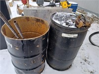 2 45 GALLON DRUMS, 2 CLAMPS, 2 MEAT HOOKS