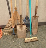 (3) RAKES, 2 SHOVELS, BROOM