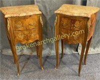 Pair Inlaid French Marble Top End Tables