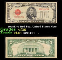 1928E $5 Red Seal United States Note Grades vf++