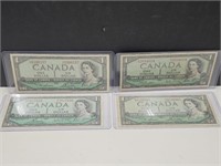 Set of 4,  1954 One Dollar Canada Bills
