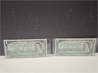 Set of 2 Consecutive Serial 1967, $1 Canadian