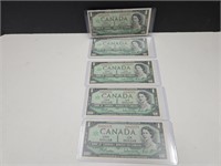 Set of 5 Consecutive Serial 1967 $1 Canadian