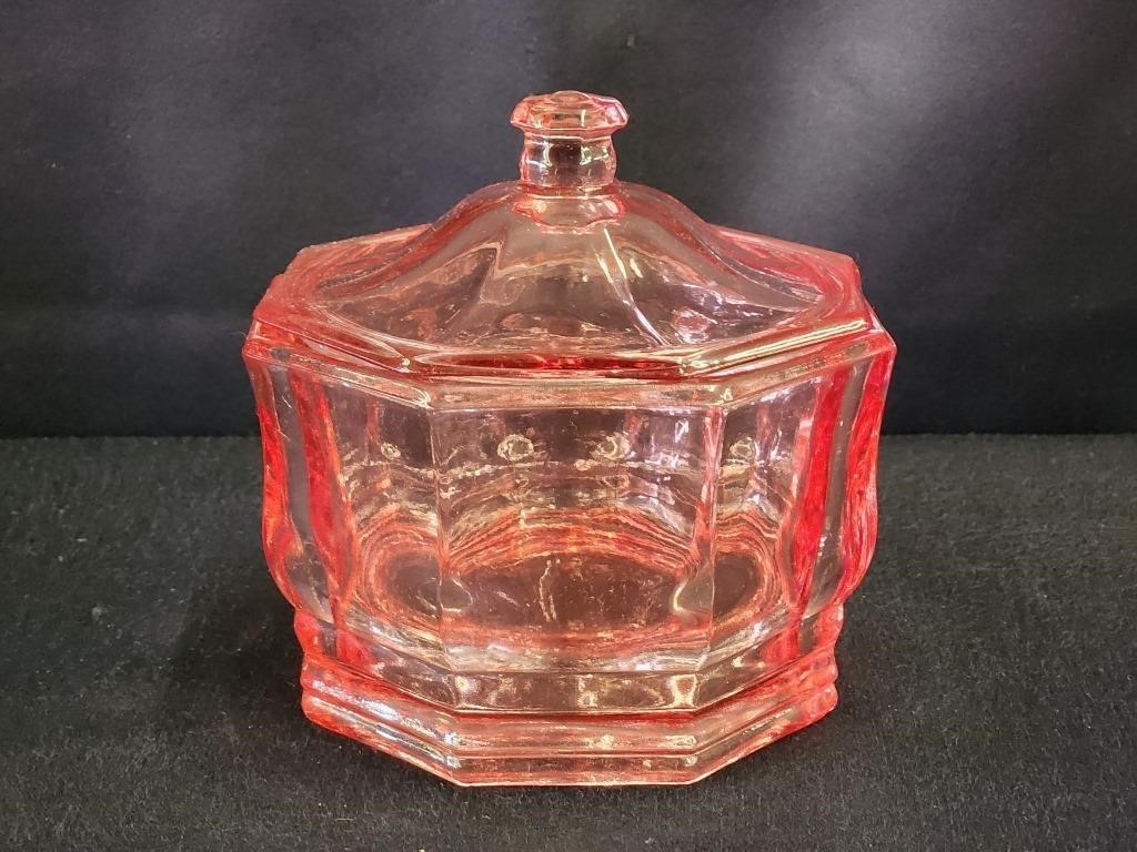 INDIANA GLASS PINK LIDDED OCTAGON CANDY DISH