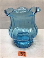 Vintage Blow Glass, Blue Ruffled Vase