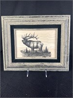 14"x11" Framed Bugling Elk Etching