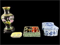 Cloisonne Vase, Porcelain Trinket Box & Misc.