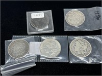 Five US Morgan Silver Dollars: 1883, 1888-S,