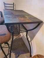 TILE IRON LEG PATIO TABLE AND 3 STOOLS