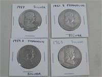 Four Silver Franklin Half Dollars 90% Silver