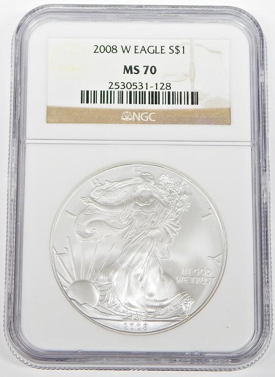 2008-W BURNISHED SILVER EAGLE - NGC MS70