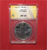 1992D Columbus Silver Dollar  MS68  ANACS
