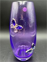 TALL CZECH PERIWINKLE AND RHINESTONE GLASS VASE