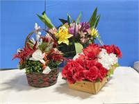 Faux Flowers In Baskets And Wooden Planter