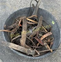 Rubber feed tub w/assorted leather items