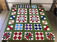 Large Green and Red Machine Stitched Quilt