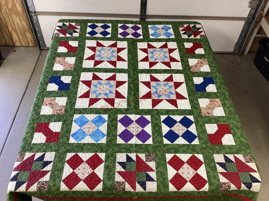 Large Green and Red Machine Stitched Quilt