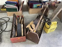 Vintage tool box w/ hand saws, brushes, sprayer