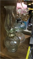 2 glass oil lamps, with shades, 17 inches tall,