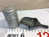 Tin scoop with stand, metal canister mess kit