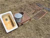 Antique Cast Iron Sink, Decorative Grates +