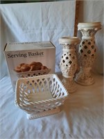 Ceramic Basket and Candle Holders