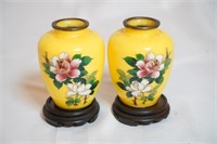 Pair Vintage Sato Japanese Cloisonne Rose Vases