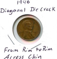 1946 Lincoln Cent - Diagonal Die Crack from Rim to