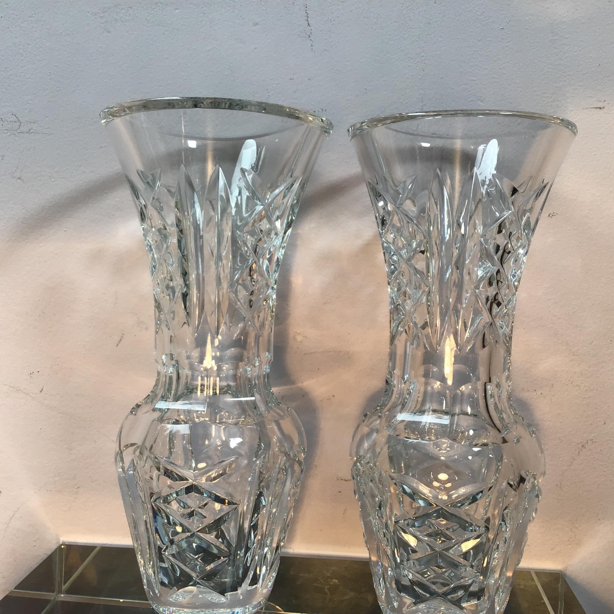 PAIR WATERFORD CRYSTAL VASES ETCHED SIGNATURE