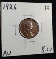1926 Lincoln Wheat Cent Penny coin marked AU