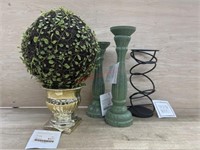 Candle stick holders & topiary ball in vase