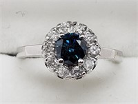 10K White Gold Blue & White Diamond Halo Ring