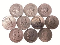 (10) 1963 Benjamin Franklin Silver Half Dollars