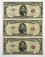 1953 A B C $5 Red Seal US Note Trio VF