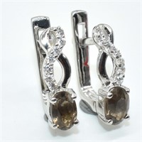$140 Silver Smokey Quartz Cz(1.15ct) Earrings