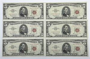 1963 $5 Red Seal US Note Lot All AA Block XF/AU