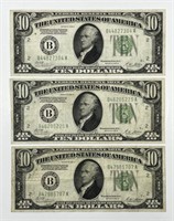1928-B $10 FRN Federal Reserve Note Trio VF/XF