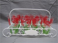 8 Vintage Red Flower Glass Cups In Metal Carrier