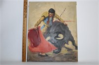 Vintage Oil on Canvas Matador Bull Fight-Signed