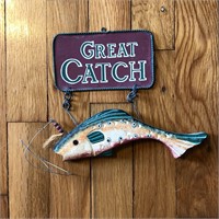 Hanging Wood & Metal Great Catch Fish Sign