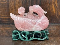 Chinese Carved Rose Quartz Duck Sculpture