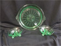 3PC GREEN DEPRESSION CAKE PLATE AND