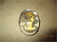 Antique Sterling Glass Cameo Brooch Gold Leaf