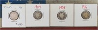 4 BARBER DIMES:  01-O 04 08 16  -  90%