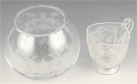ETCHED LACE GLASS FOOTED CREAMER SPHERICAL VASE