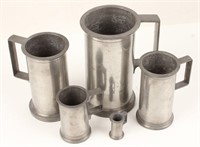 FIVE 20TH CENTURY ASCENDING SIZE PEWTER STEINS